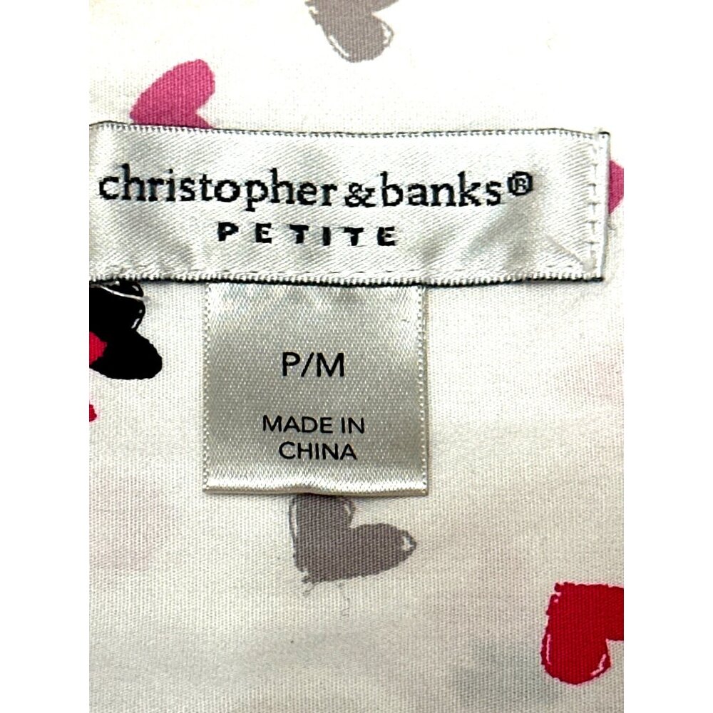 Christopher & Banks Petite Medium White Button Up Shirt Pink Red Heart Print Top - Picture 6 of 10
